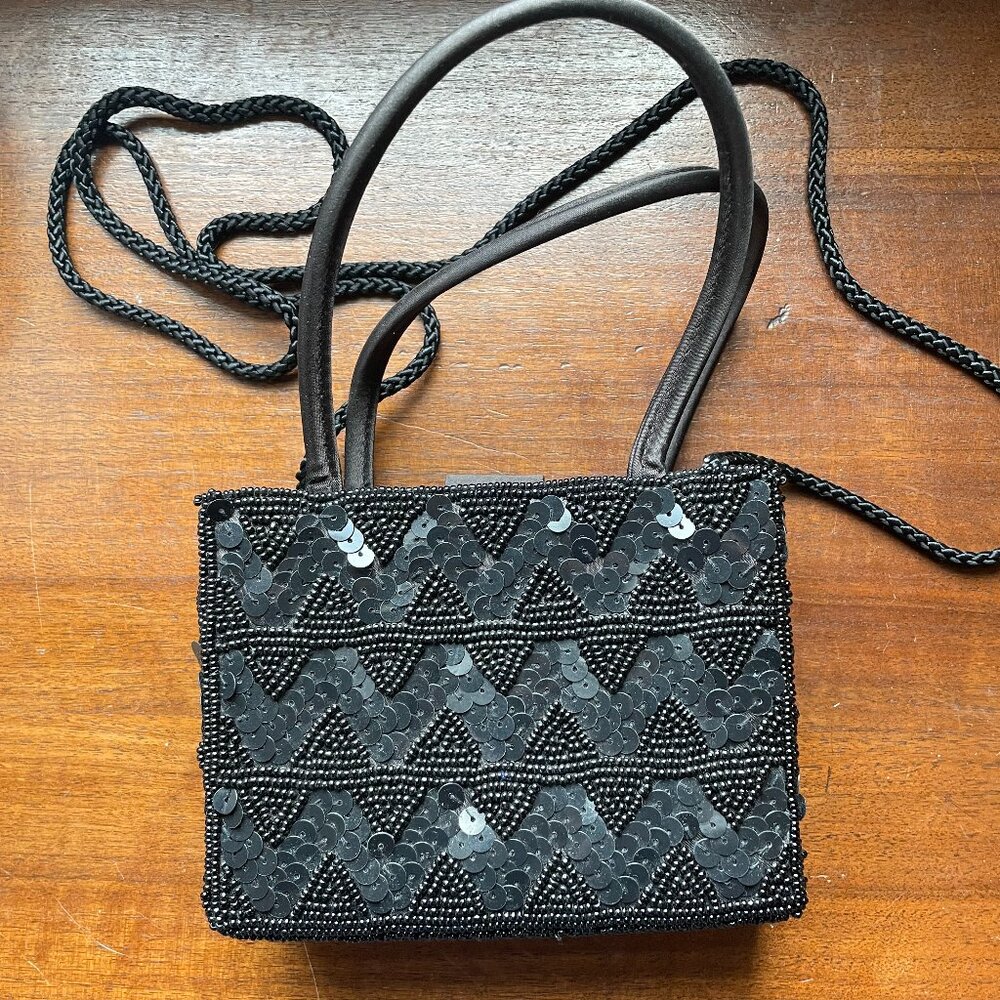 Y2K Black Beaded Mini Evening Bag Purse Chevron Sequin Design